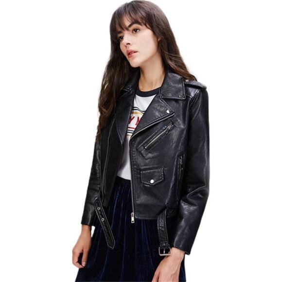 Women's Faux Leather Motorcycle Jacket Coat Black2 - Picture 1 of 6